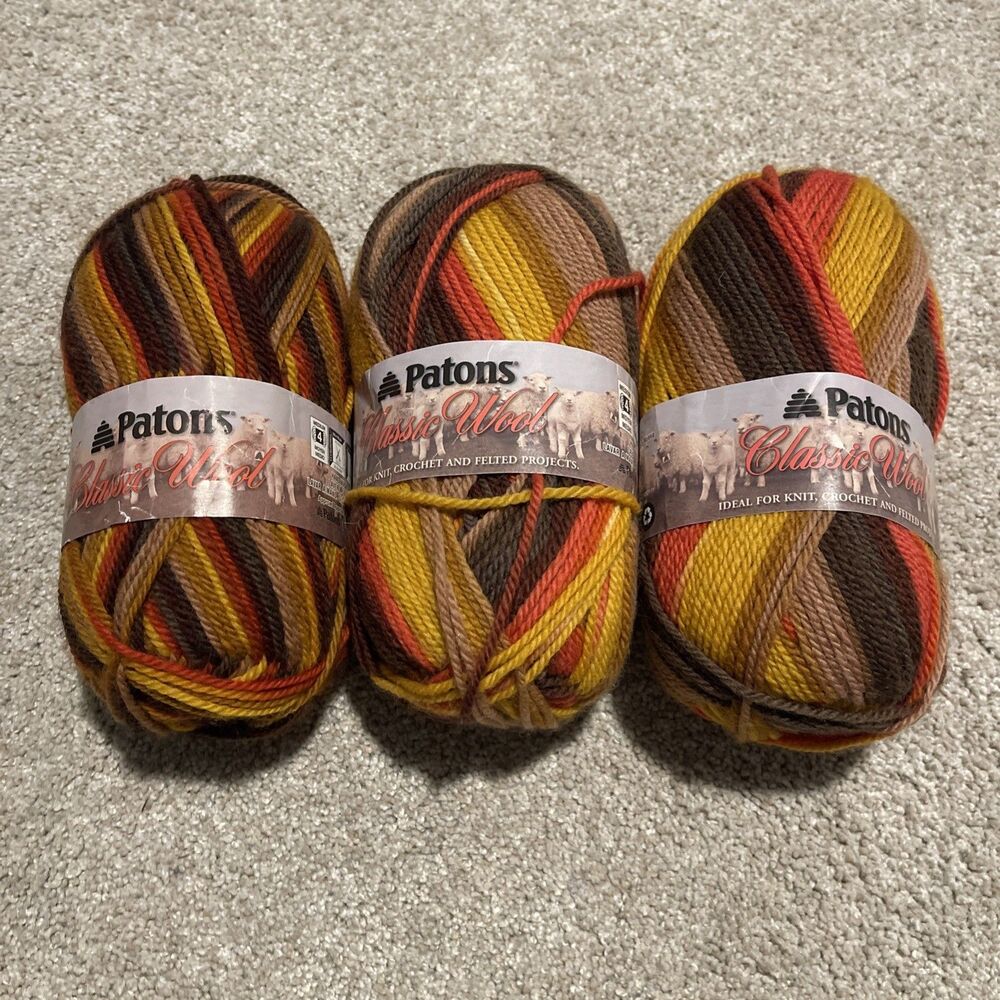 3 Patons Classic 100% Wool Yarn Variegated Lotus - Yellow Orange Brown Autumnal
